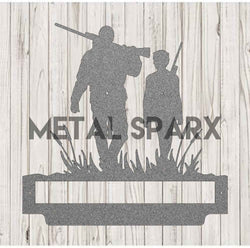 Silver metal Father and Son hunting figurine by Metal Sparx, depicting a father and son outdoors with hunting gear.