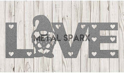 Silver Metal Sparx gnome statue with a love-themed design, featuring a whimsical garden gnome figure.