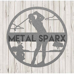 Silver female golf monogram jewelry piece by Metal Sparx featuring elegant engraved initials on a sleek silver design.