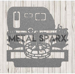 Silver metal art featuring custom camping monograms by Metal Sparx, showcasing detailed engraved outdoor-themed design.