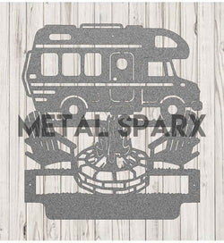 Silver metal art featuring custom camping monograms with intricate design, crafted by Metal Sparx.