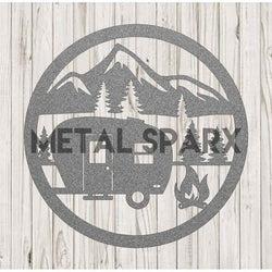 Silver metal art camping scene by Metal Sparx featuring a detailed outdoor camping landscape with trees and tents.