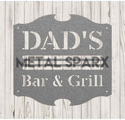Silver Metal Sparx Dad's Bar & Grill sign with bold lettering, ideal for outdoor patio or backyard grilling area.