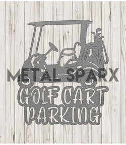 Silver Metal Sparx golf cart parking sign with engraved lettering for outdoor use