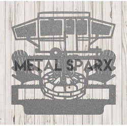 Silver metal art monogram by Metal Sparx featuring custom camping-themed design, perfect for outdoor decor.