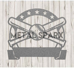 Silver metal art featuring a bat and ball monogram design by Metal Sparx, showcasing intricate metal craftsmanship.