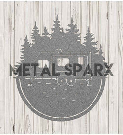Silver metal RV monogram art by Metal Sparx, showcasing a sleek, decorative RV-shaped design in polished silver metal.