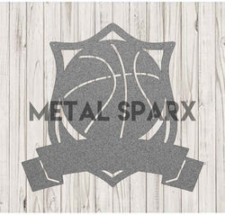Silver metal basketball monogram art by Metal Sparx featuring a sleek, modern design suitable for home or office decor.