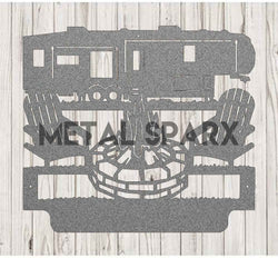 Silver metal camping monogram art by Metal Sparx featuring personalized outdoor-themed design on a silver finish.