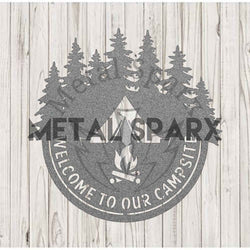 Silver Metal Sparx welcome sign with camping scene, featuring outdoor campsite imagery and metallic finish.