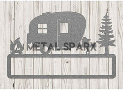 Silver metal camper custom name plaque by Metal Sparx, personalized metal art with engraved camper design and custom name.
