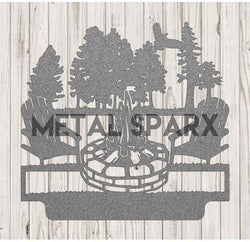 Silver metal art piece featuring a personalized campfire scene by Metal Sparx, showcasing detailed flames and logs.