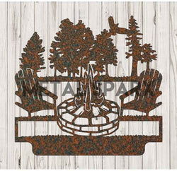 Personalized metal art depicting a campfire scene by Metal Sparx, featuring detailed flames and logs in a rustic design.
