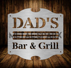 Metal Sparx Dad's Bar & Grill logo on a black background, featuring bold white text and a grill icon.