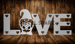Metal Sparx gnome statue with "Love" inscription, featuring a charming garden gnome design in weathered metal finish.