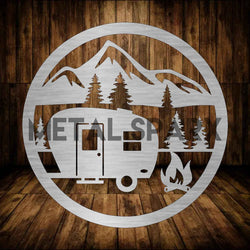 Metal Sparx camping scene metal art depicting a serene outdoor camping landscape with tents, trees, and a campfire.