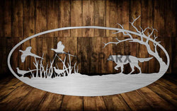 Metal Sparx Pheasant and Dog Monogram decorative artwork featuring detailed pheasant and dog motifs on a metal design.