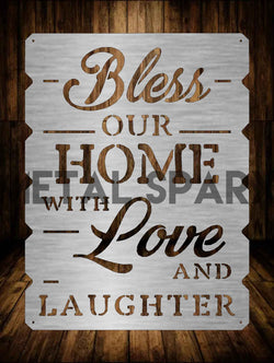 Metal Sparx Bless Our Home wall art, metal wall decor with inspirational design, featuring elegant cut-out lettering on a neutral background.