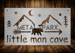 Metal Sparx Little Man Cave sign featuring bold black and white design with playful lettering and a mustache graphic.