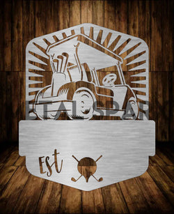 Metal Sparx golf cart monogram with custom monogram design mounted on a golf cart for personalized vehicle decoration.