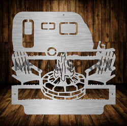 Custom metal camping monogram art by Metal Sparx featuring personalized outdoor-themed metal wall decor.